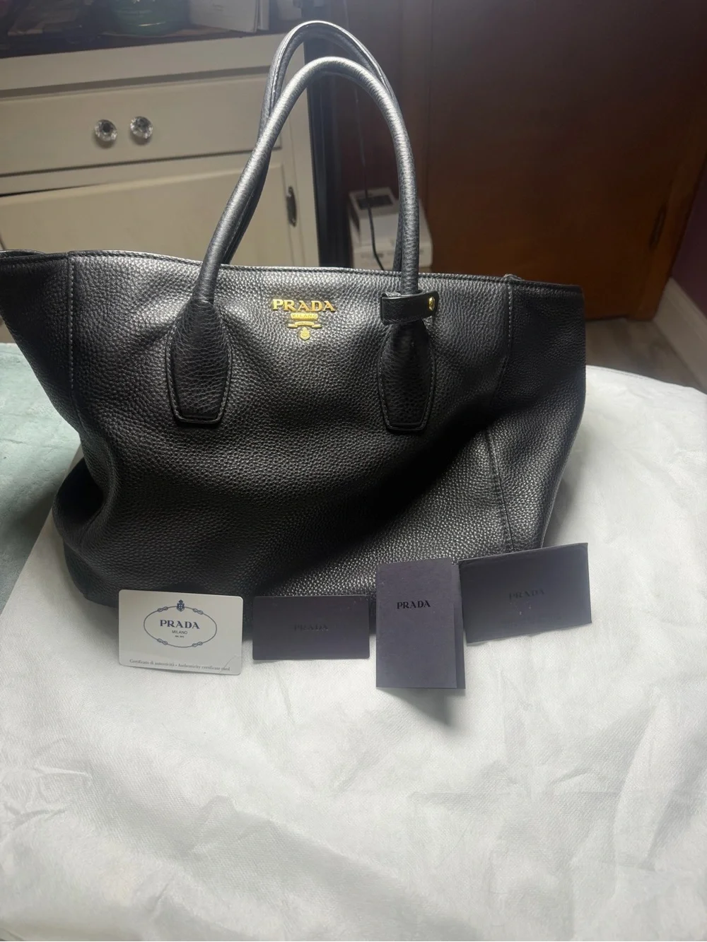 Prada Navy Blue Pebbled Leather Tote with Shoulder Strap